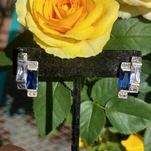 Marcasite 925 Silver Blue Clear Rhinestone Art Deco EARRINGS
